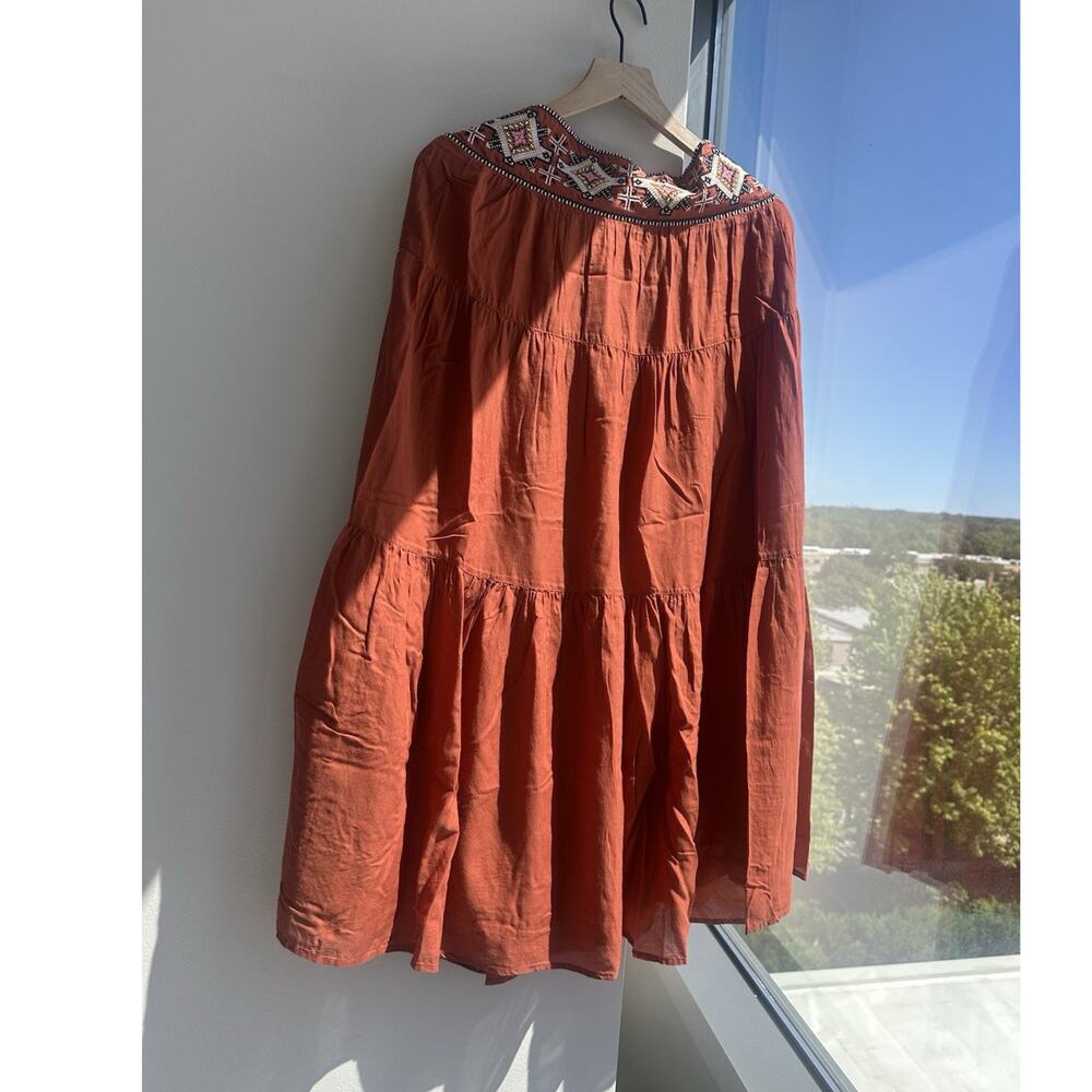 Anthropologie Rust Tiered Embroidered Beaded Pull-On A-Line Midi Skirt S